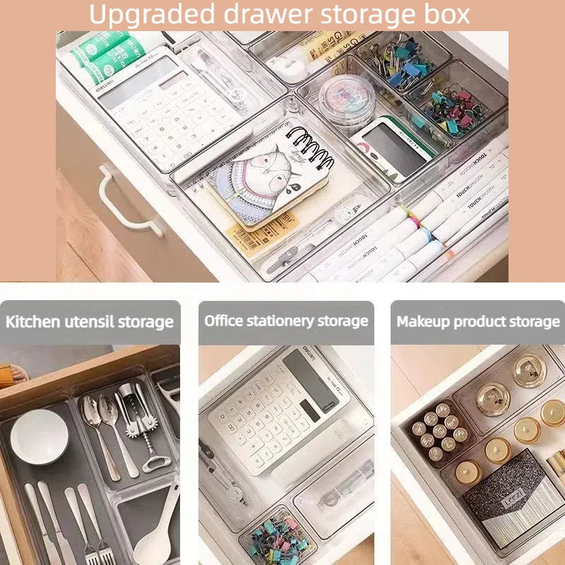 Versatile Drawer Organizer Set - Clear Plastic Trays and Dividers in 5 Sizes for Perfect Makeup and Kitchen Storage