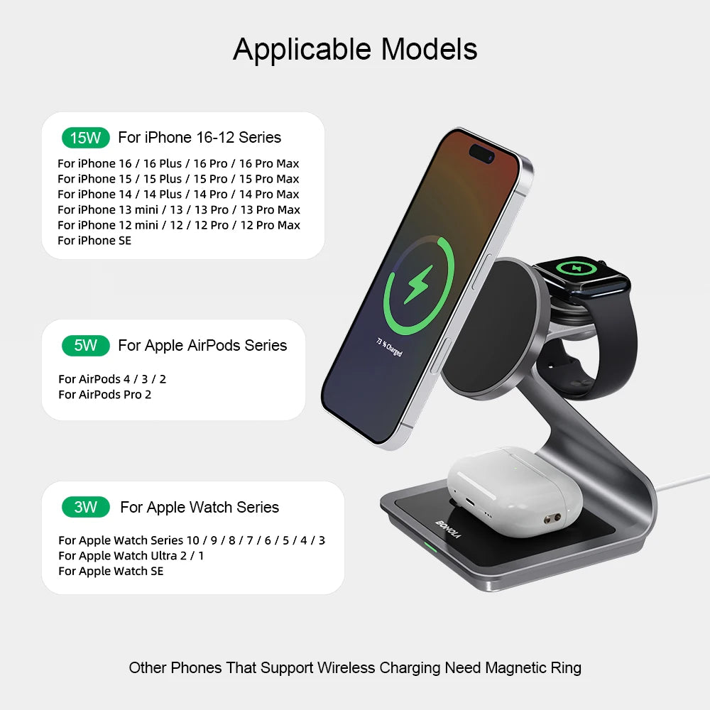 Bonola 3-in-1 Magnetic Wireless Charging Station – iPhone 17/16/15/14, Apple Watch & AirPods Pro