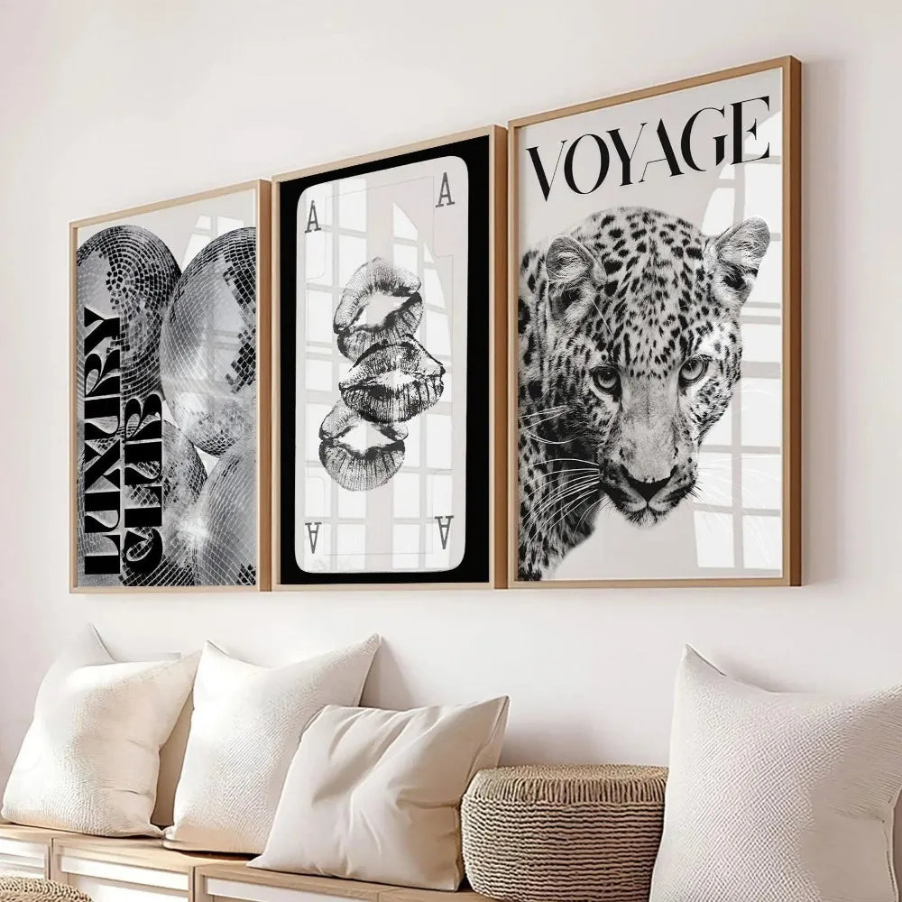 3pcs Frameless Leopard Print,Black and White Gallery Fashion Canvas Poster,Fashion Printing Decor,Office Aesthetics Girl Decor