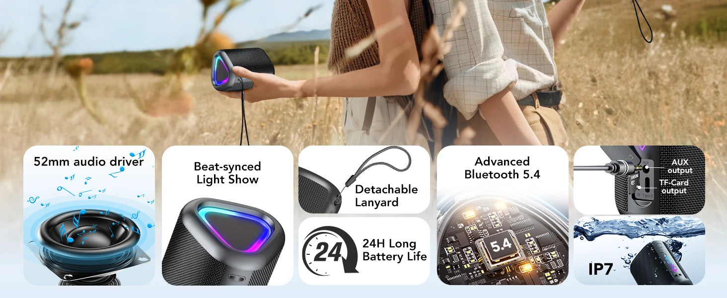 Bluetooth Speaker Wireless Portable Waterproof Speaker with Lights 24-Hour Playtime Bluetooth 5.4 TF Card AUX Playback Speakers