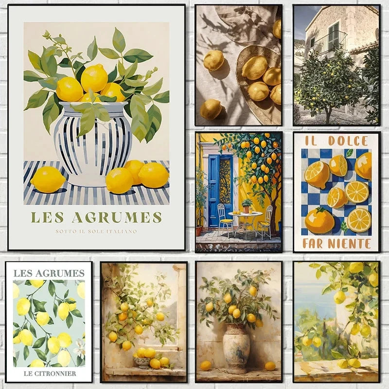 Retro Lemon Garden Canvas Art Poster-Fresh Lemon and Olive Tree Wall Prints for Modern Living Room,Office,and Home Decor Gifts