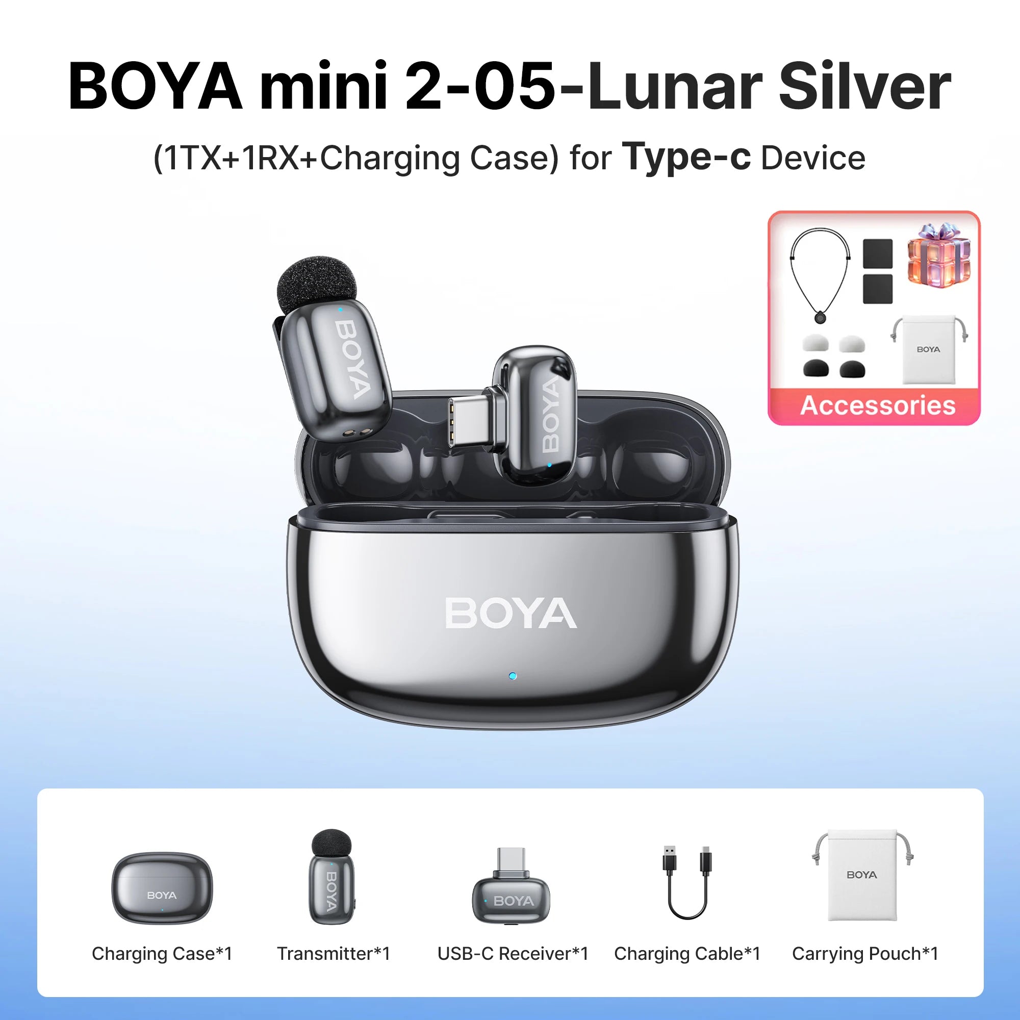 BOYA Mini 2 Wireless Lavalier Microphone – AI Noise Reduction for iPhone & Android