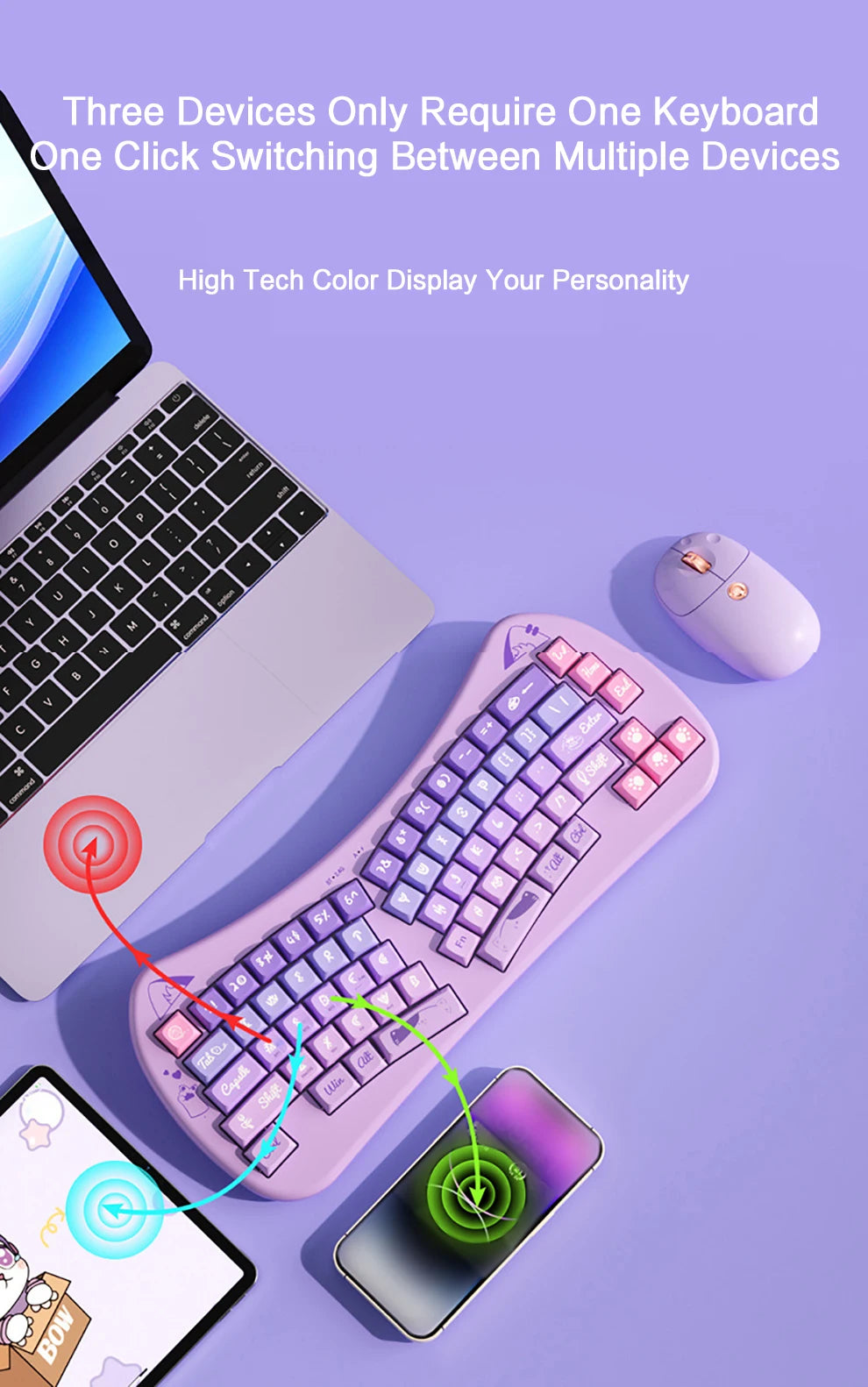 PurrBoard 68 – Ergonomic Split Wireless Keyboard | Bluetooth + 2.4G + Cat Keycaps