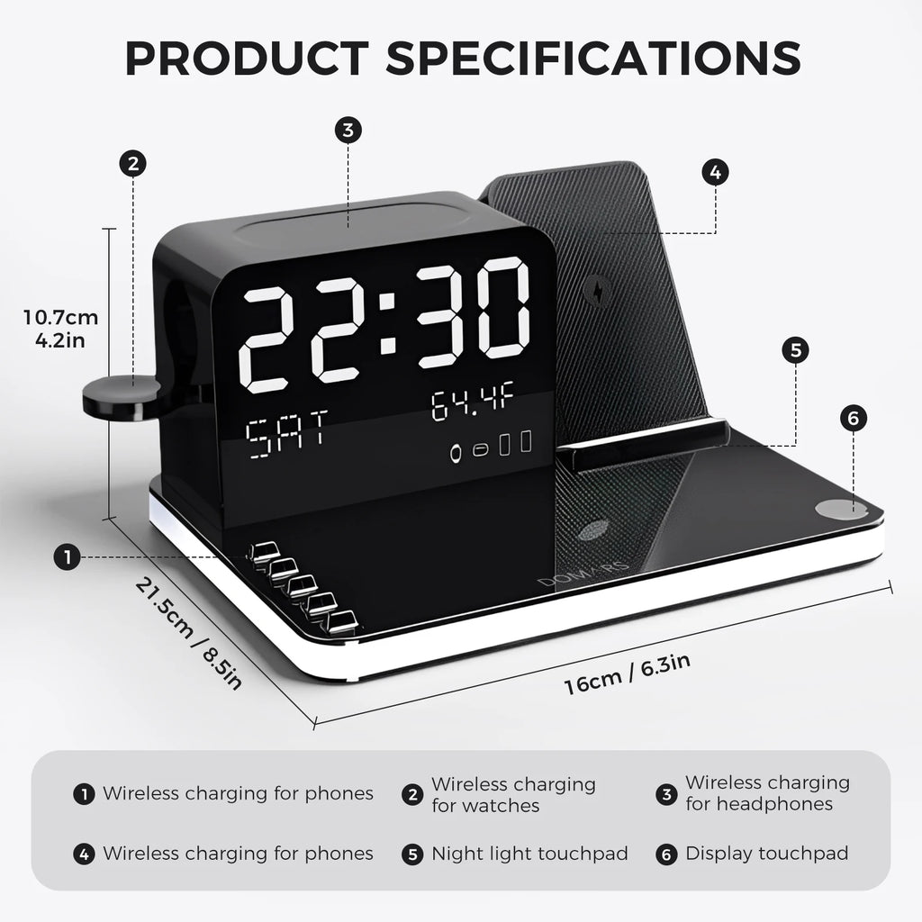 7-in-1 Wireless Charging Stand – Night Light, Clock & Temperature Display for iPhone, Headphones & Watches
