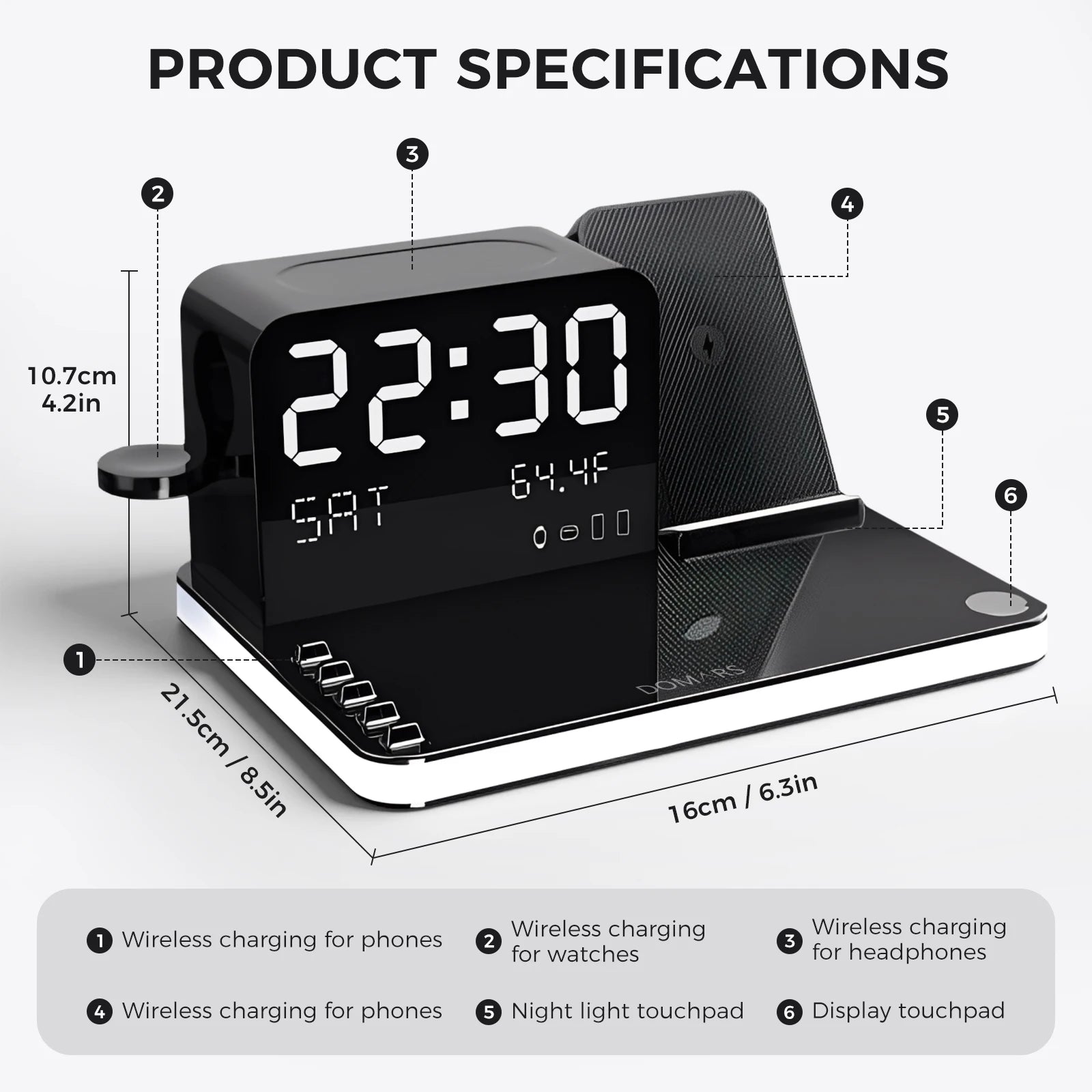 7-in-1 Wireless Charging Stand – Night Light, Clock & Temperature Display for iPhone, Headphones & Watches