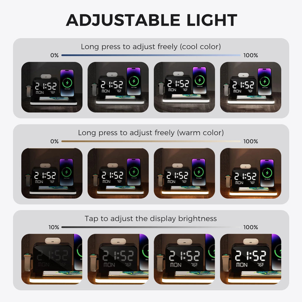 7-in-1 Wireless Charging Stand – Night Light, Clock & Temperature Display for iPhone, Headphones & Watches