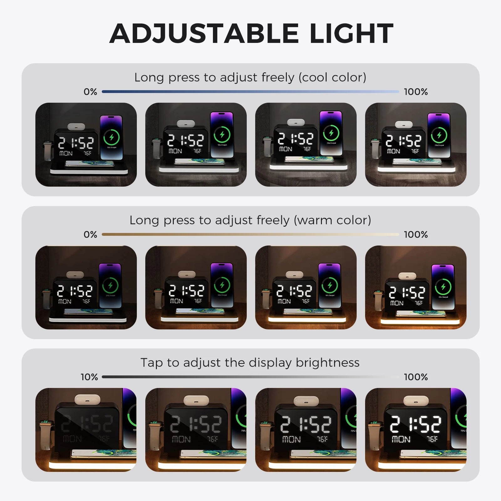 7-in-1 Wireless Charging Stand – Night Light, Clock & Temperature Display for iPhone, Headphones & Watches