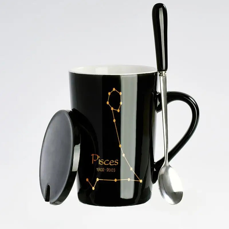 Black & Gold Zodiac Mug Set with Lid & Spoon – 12 Astrology Signs Luxury Coffee Cup Gift