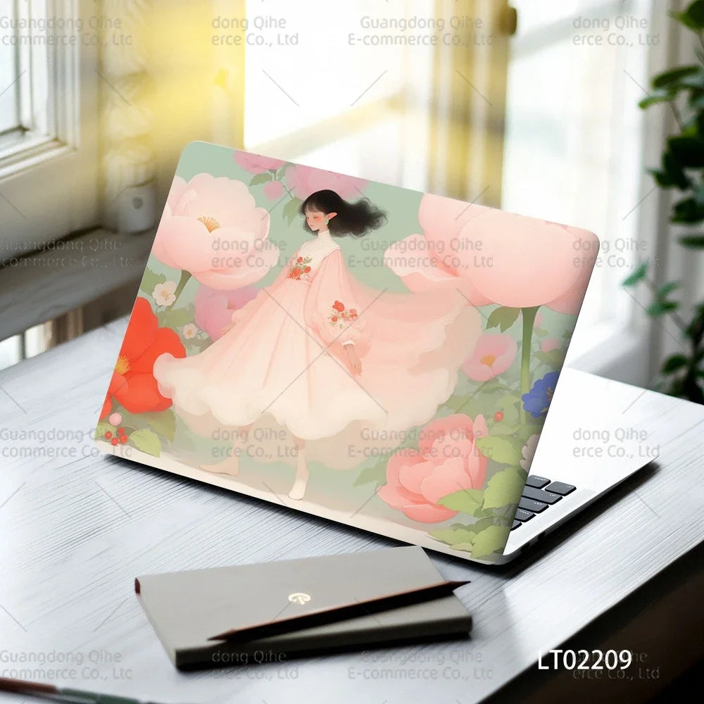 2pcs Creative Botanical Laptop Stickers Hand-Drawn Floral Line Art in Bright Colors, Waterproof Vinyl Decal for Notebook Covers