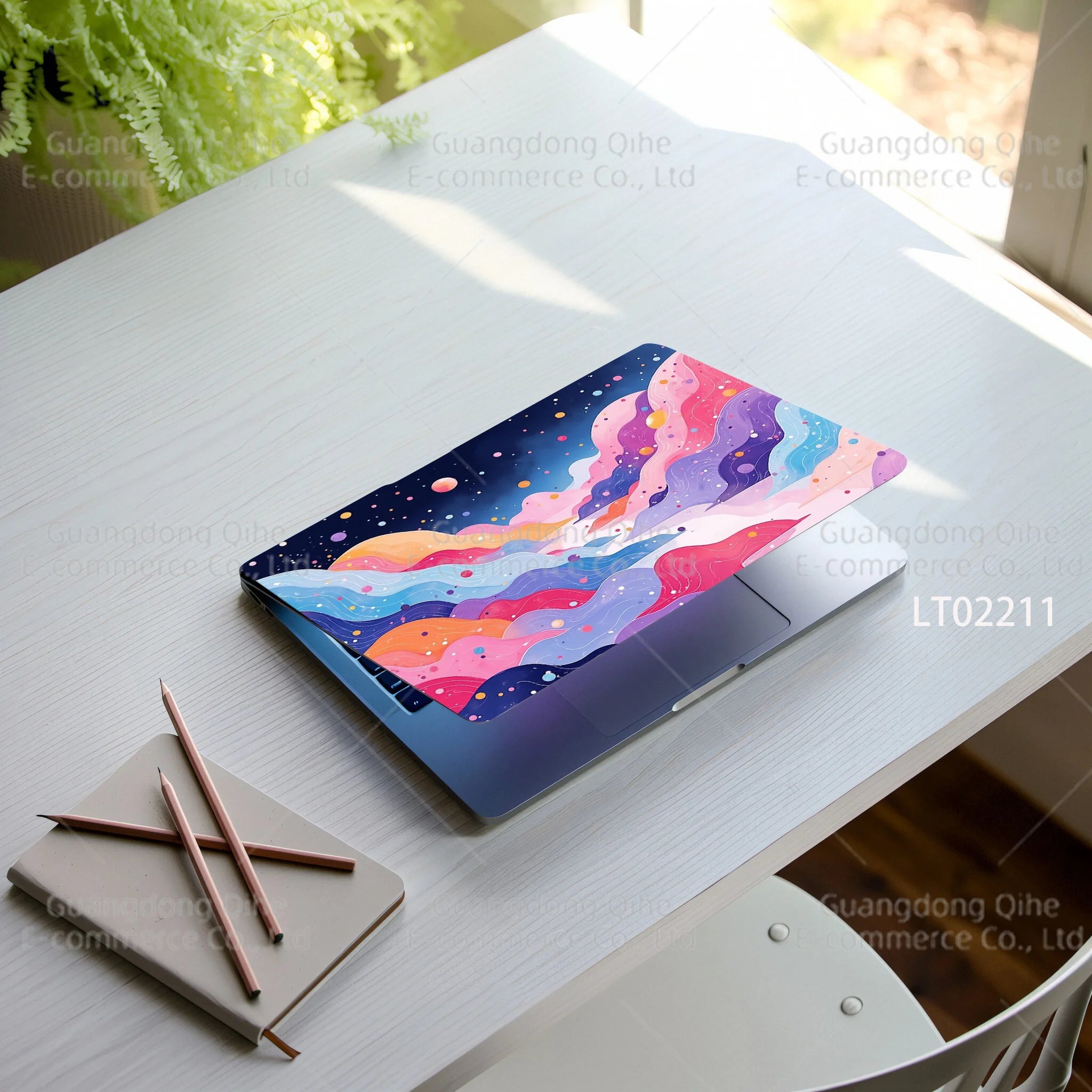 2pcs Creative Botanical Laptop Stickers Hand-Drawn Floral Line Art in Bright Colors, Waterproof Vinyl Decal for Notebook Covers