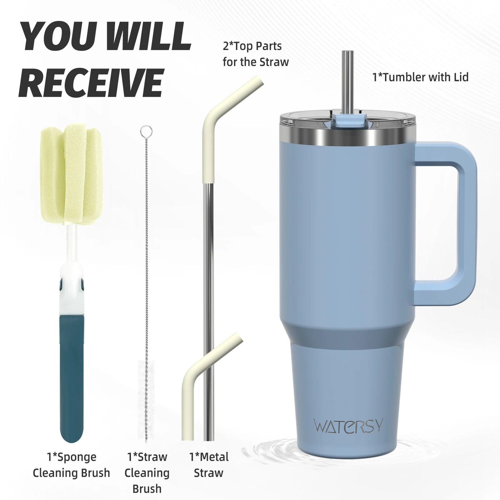 WATERSY Stainless Steel Tumbler with Straw – 20oz / 30oz / 40oz Vacuum Insulated