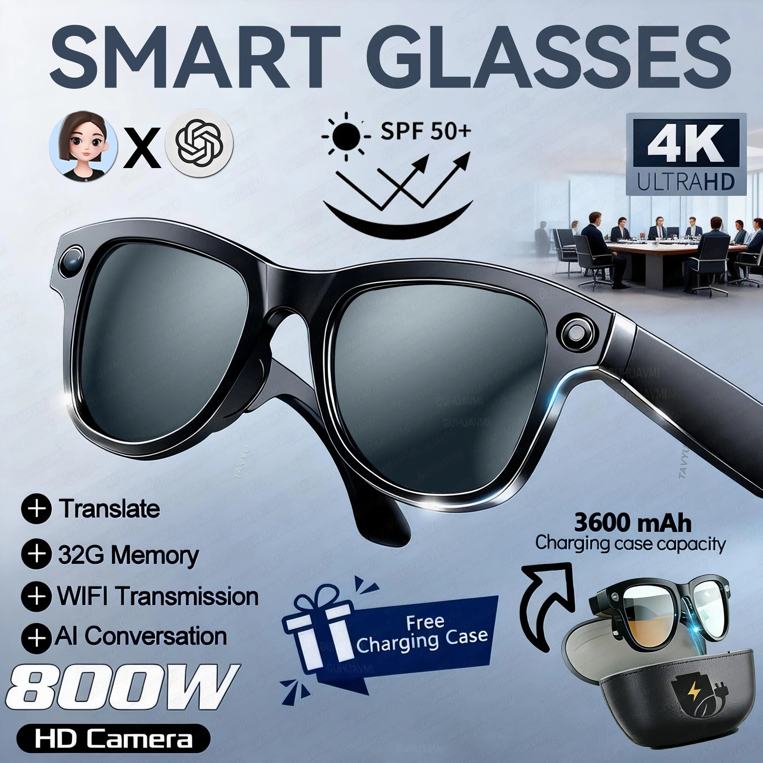 AI Vision Pro Smart Glasses 4K | Translator, Camera & Power Bank