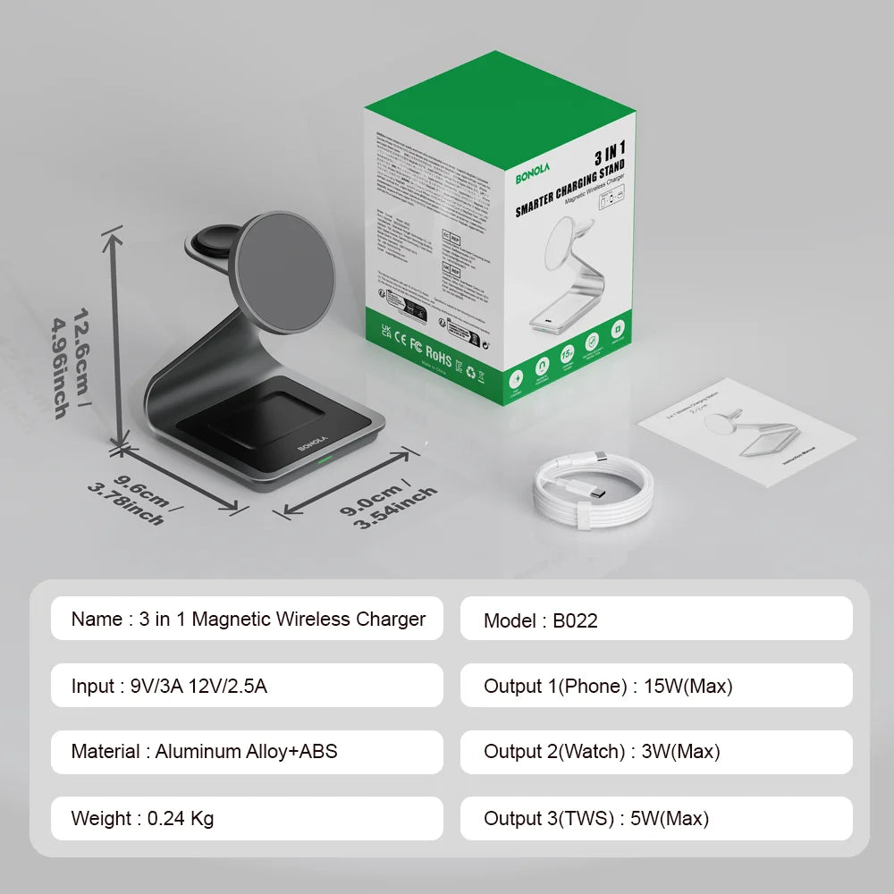 Bonola 3-in-1 Magnetic Wireless Charging Station – iPhone 17/16/15/14, Apple Watch & AirPods Pro
