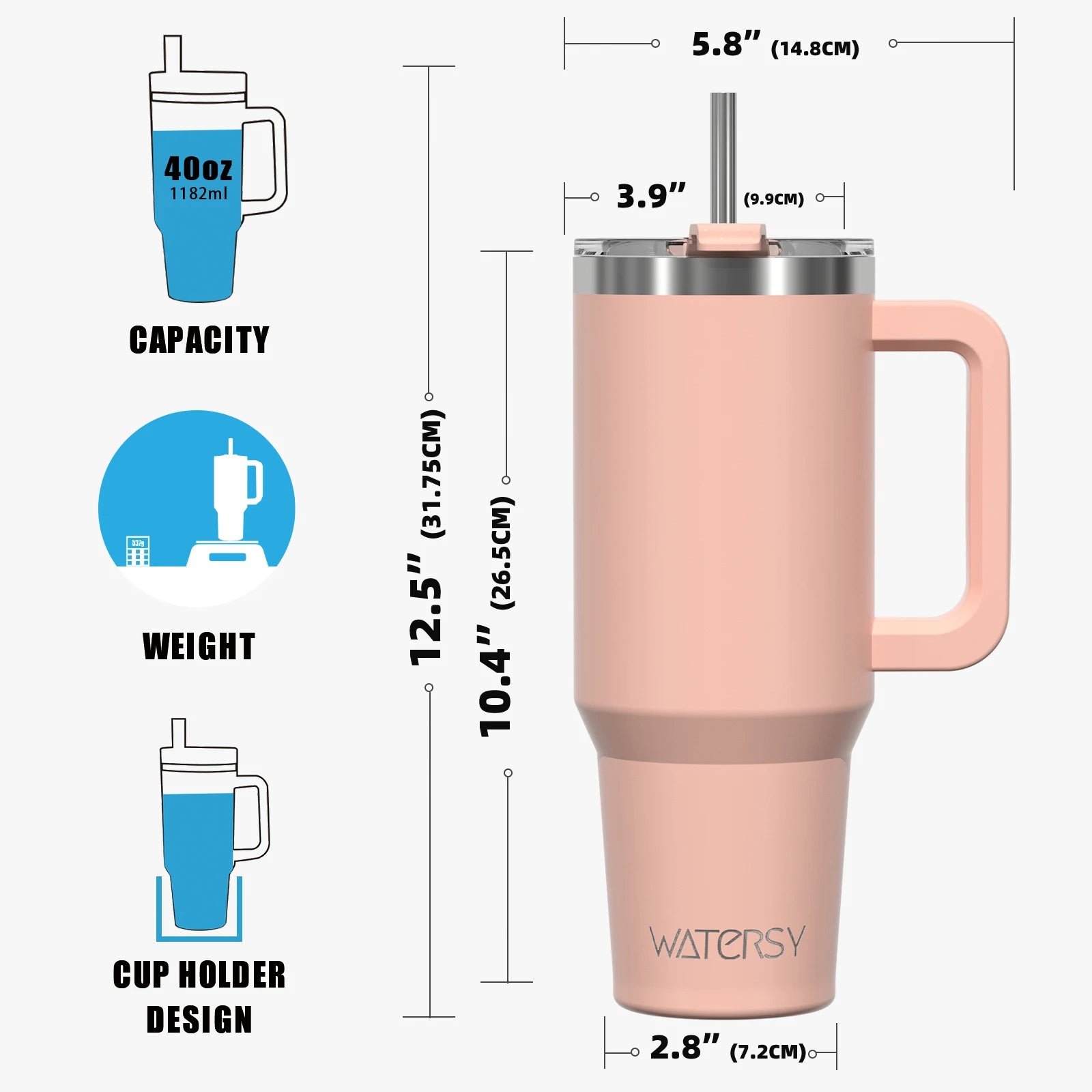 WATERSY Stainless Steel Tumbler with Straw – 20oz / 30oz / 40oz Vacuum Insulated