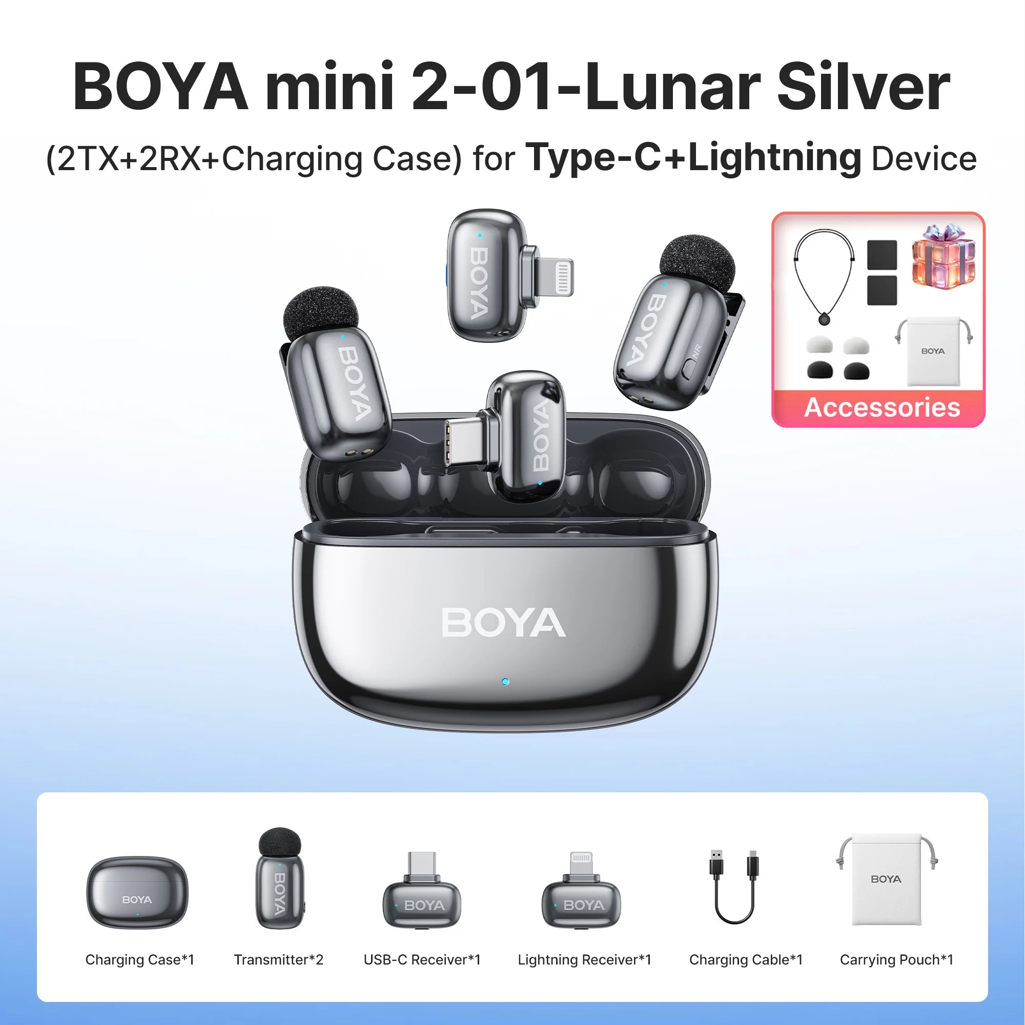 BOYA Mini 2 Wireless Lavalier Microphone – AI Noise Reduction for iPhone & Android