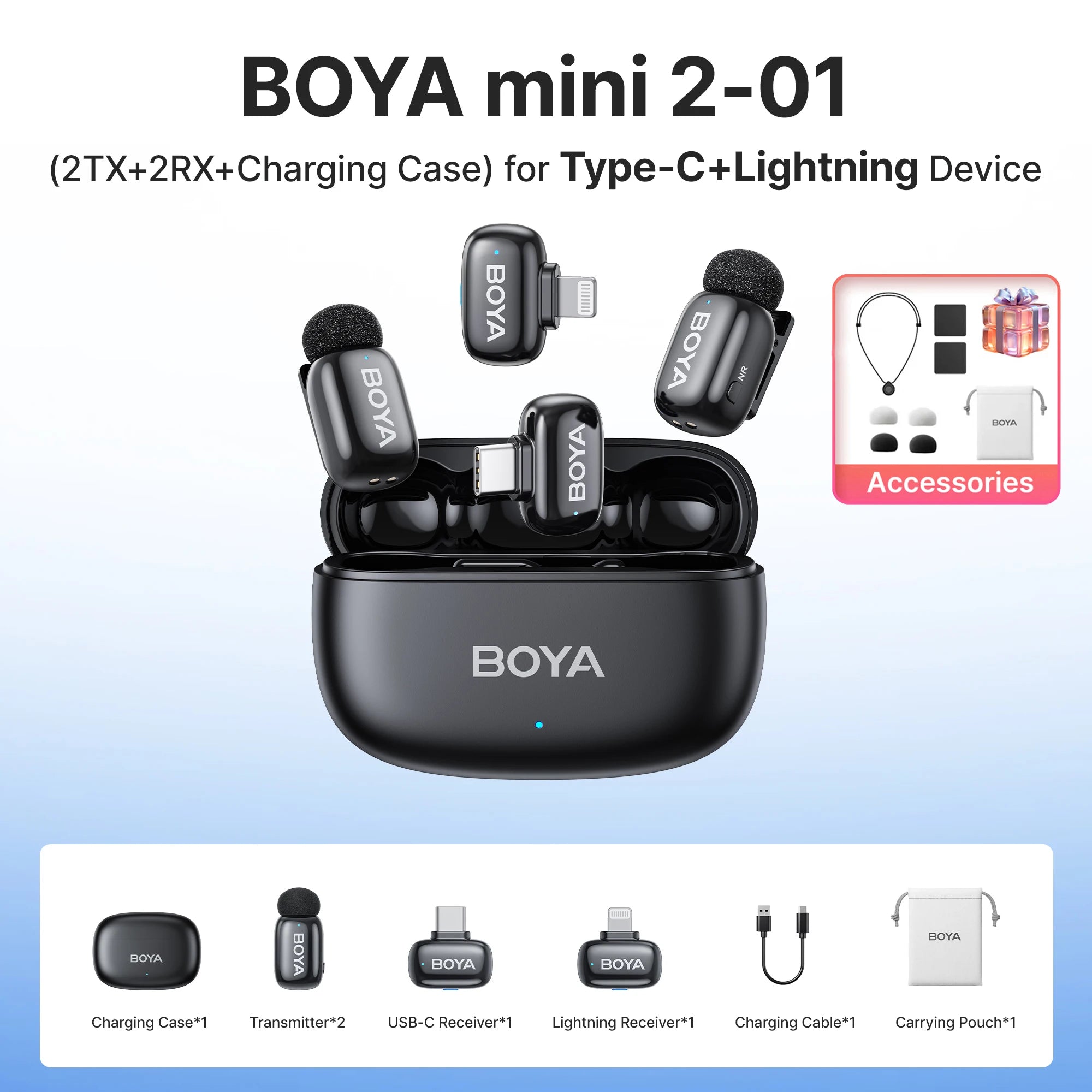 BOYA Mini 2 Wireless Lavalier Microphone – AI Noise Reduction for iPhone & Android