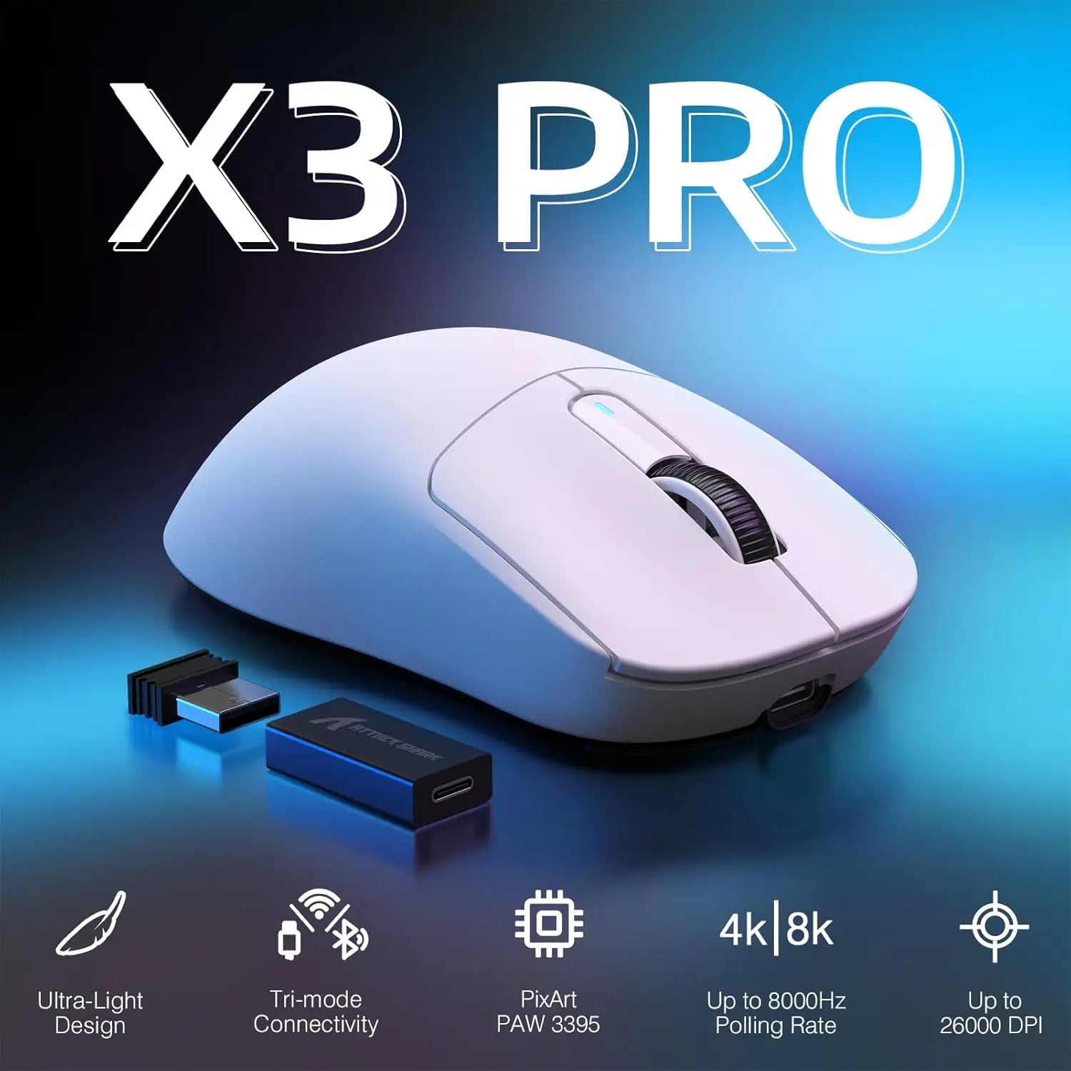 Attack Shark X3 Pro Wireless Gaming Mouse – PAW3395, 26000 DPI Tri-Mode Macro