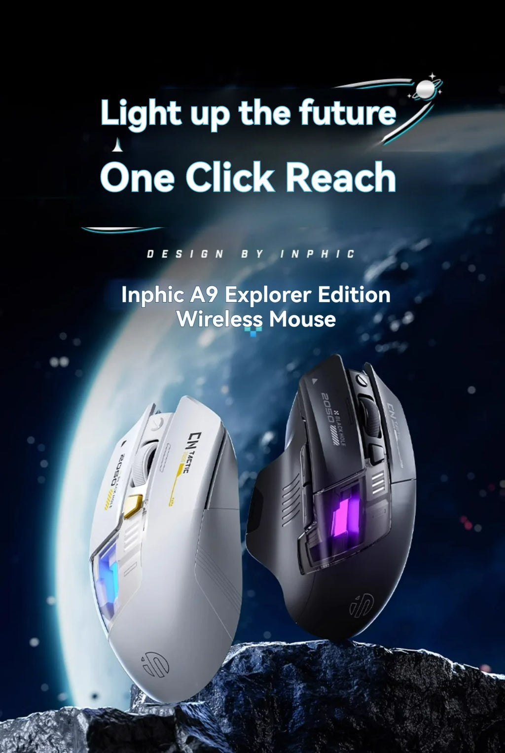 Inphic A9 Pro Tri-Mode Gaming Mouse – 12800 DPI, RGB Light Pillar & Macro Driver