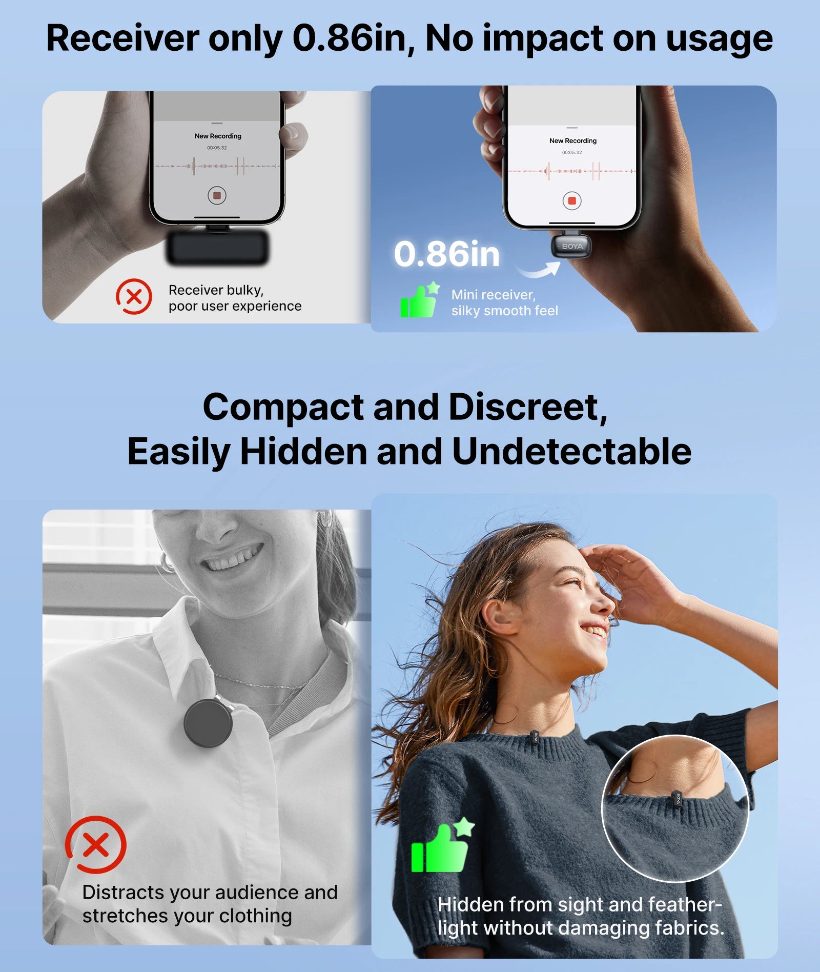 BOYA Mini 2 Wireless Lavalier Microphone – AI Noise Reduction for iPhone & Android