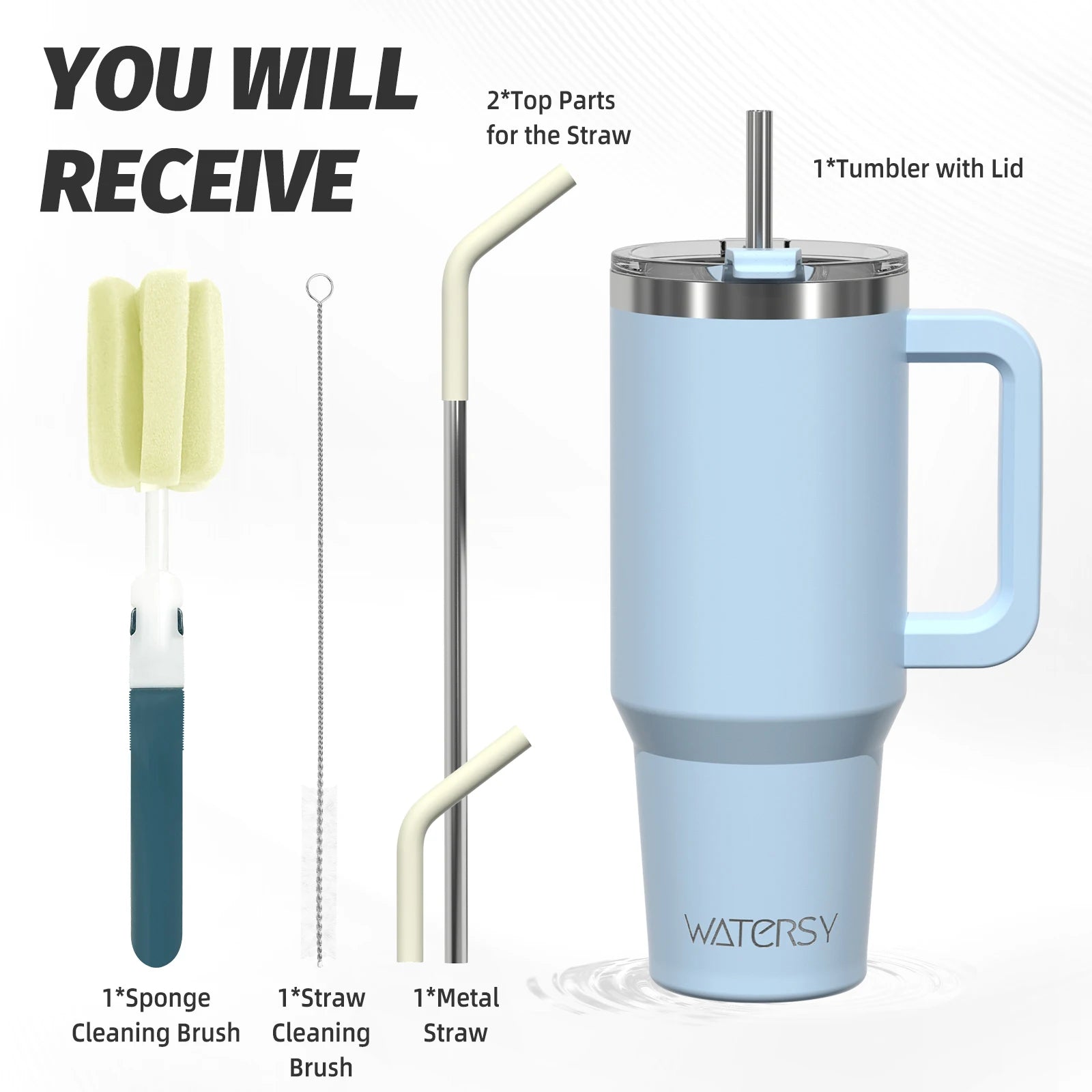 WATERSY Stainless Steel Tumbler with Straw – 20oz / 30oz / 40oz Vacuum Insulated