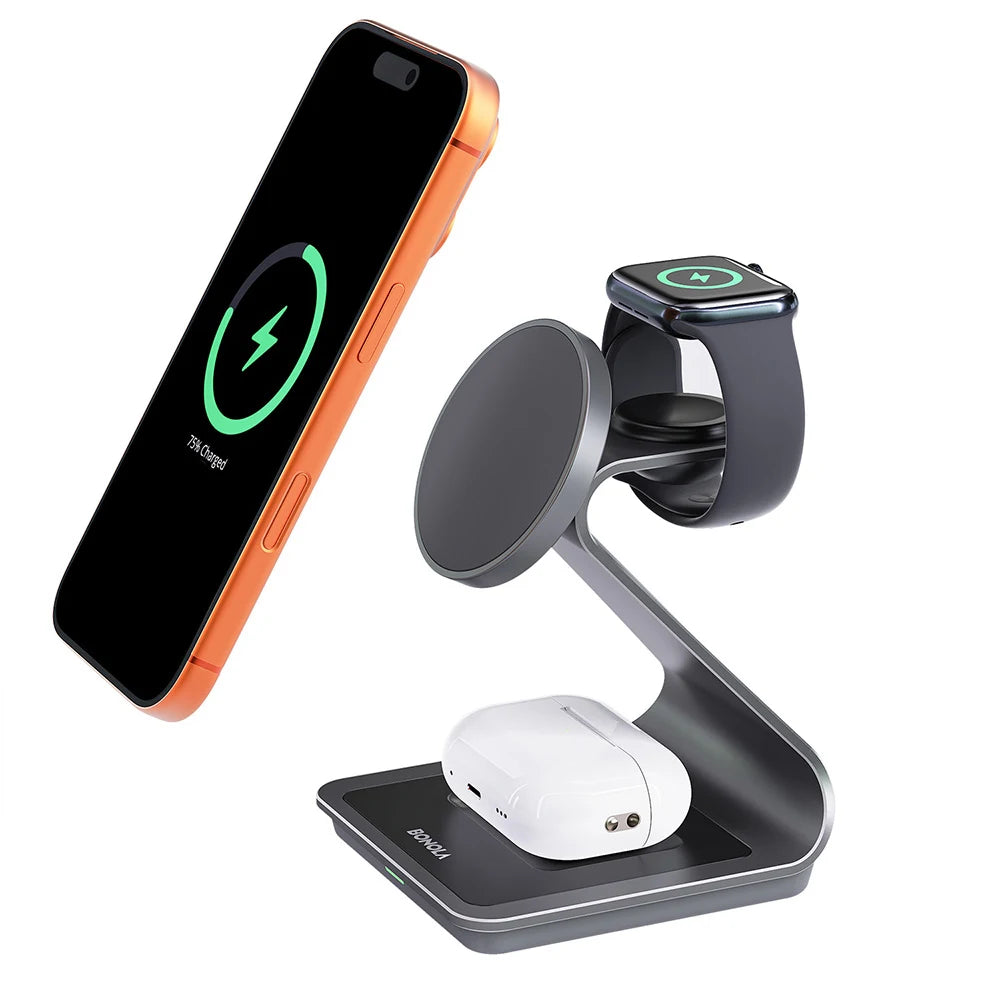 Bonola 3-in-1 Magnetic Wireless Charging Station – iPhone 17/16/15/14, Apple Watch & AirPods Pro