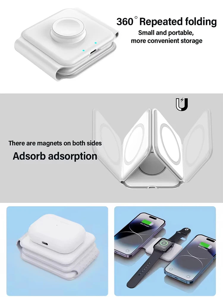 MagFold 3-in-1 Magnetic Wireless Charger – Qi2 30W Foldable Dock for iPhone, Watch & AirPods