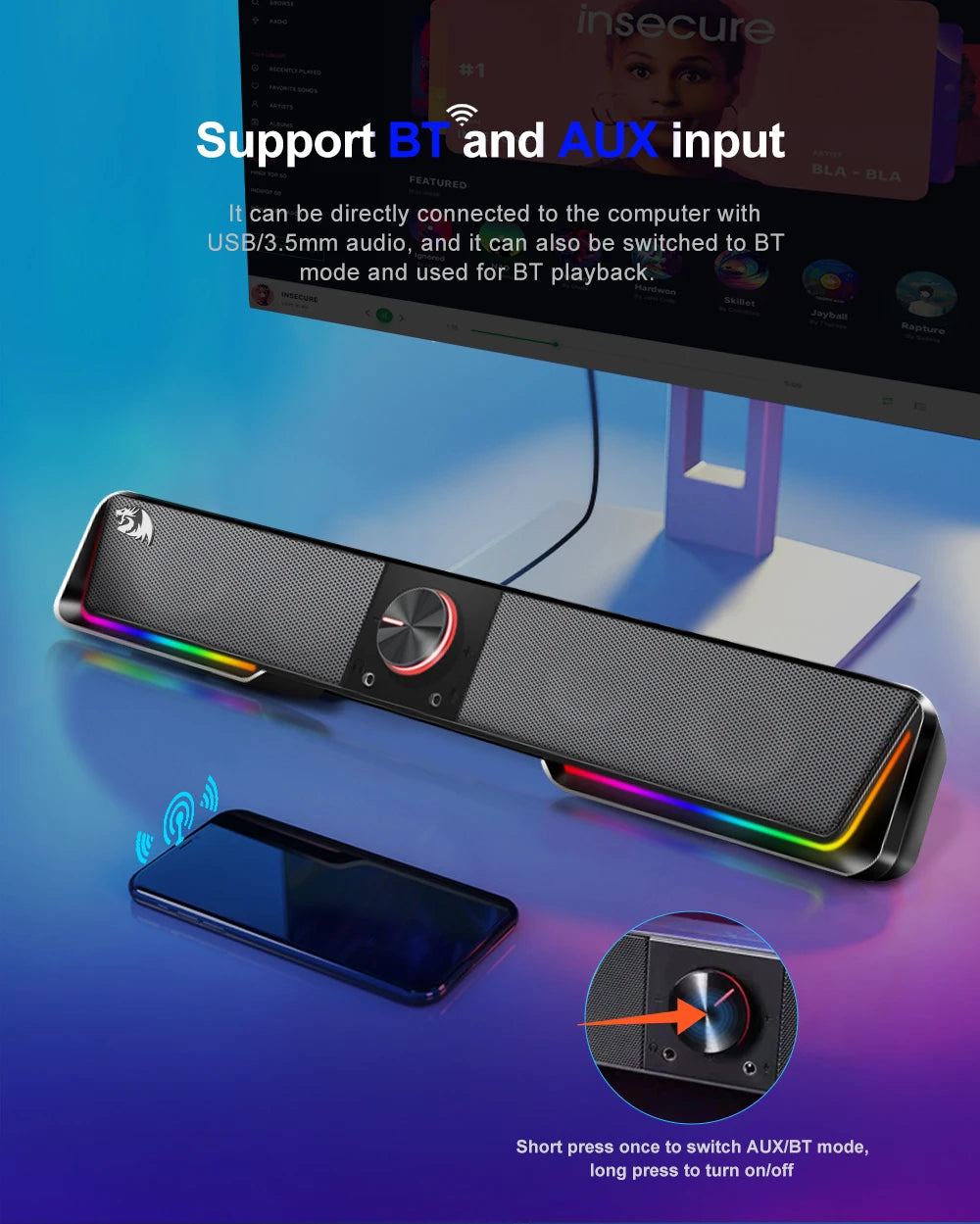 Redragon GS570 Darknets RGB Bluetooth Sound Bar – 2.0 Stereo PC Speakers with 3.5mm AUX, USB Powered, Dynamic RGB Lighting, Compact Desktop Soundbar for Gaming, Movies & Music