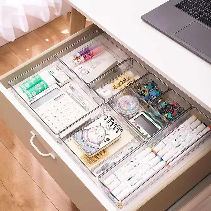 Versatile Drawer Organizer Set - Clear Plastic Trays and Dividers in 5 Sizes for Perfect Makeup and Kitchen Storage