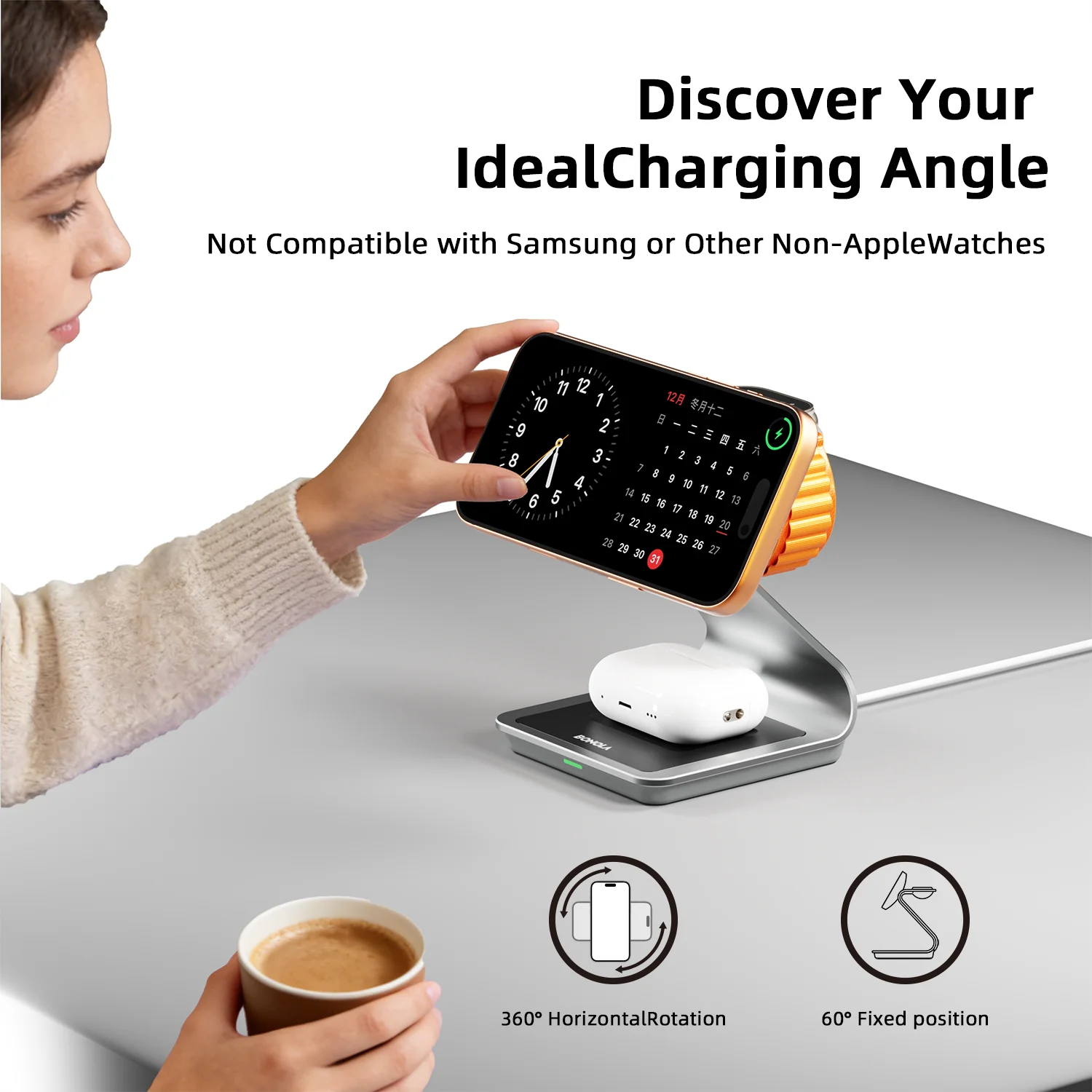 Bonola 3-in-1 Magnetic Wireless Charging Station – iPhone 17/16/15/14, Apple Watch & AirPods Pro