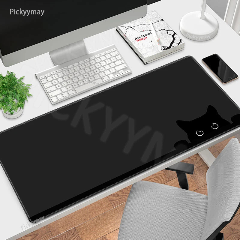 Midnight Cat XXL Gaming Desk Mat – Cute Black Cat Grey Mouse Pad for Office & Setup