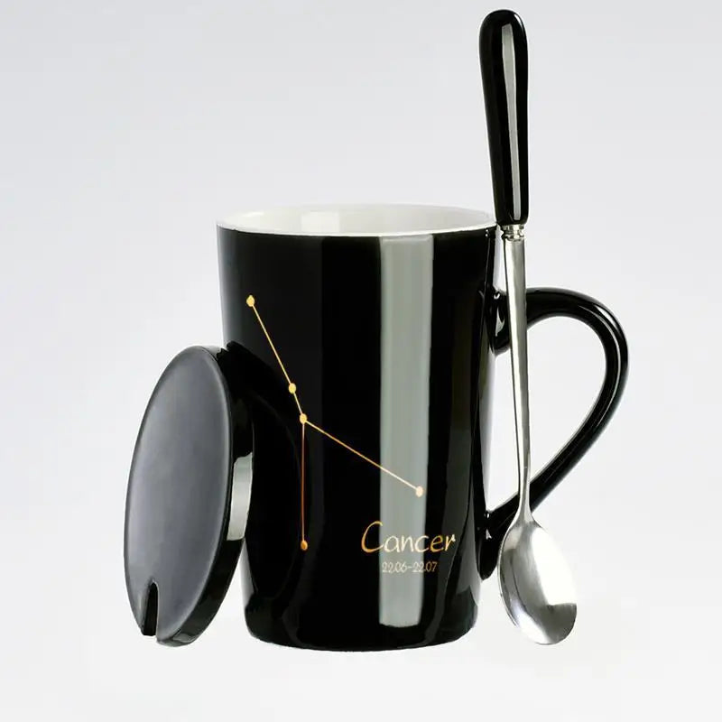 Black & Gold Zodiac Mug Set with Lid & Spoon – 12 Astrology Signs Luxury Coffee Cup Gift