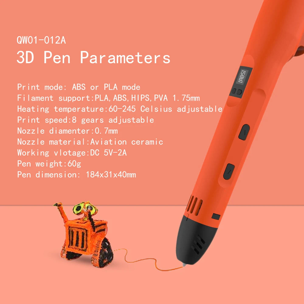 QCREATE 3D Printing Pen – LCD Display, 8 Speeds, PLA & ABS, 60-245°C