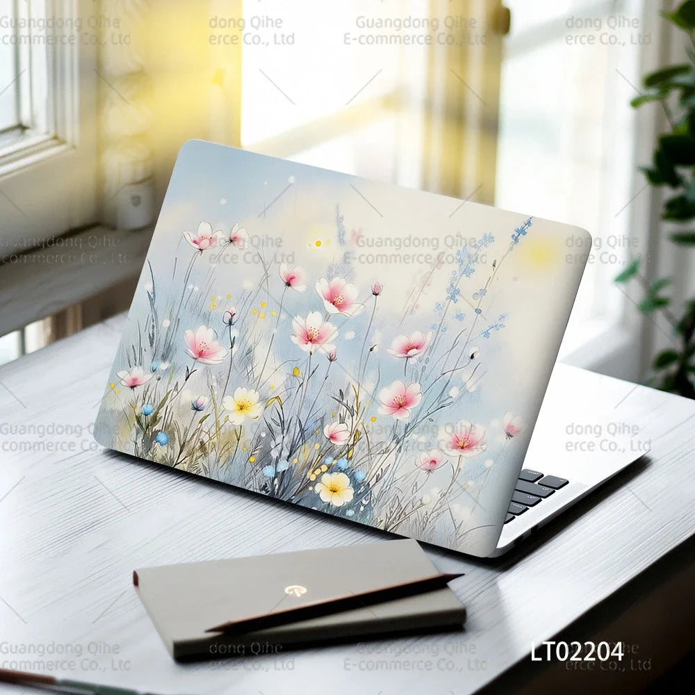 2pcs Creative Botanical Laptop Stickers Hand-Drawn Floral Line Art in Bright Colors, Waterproof Vinyl Decal for Notebook Covers
