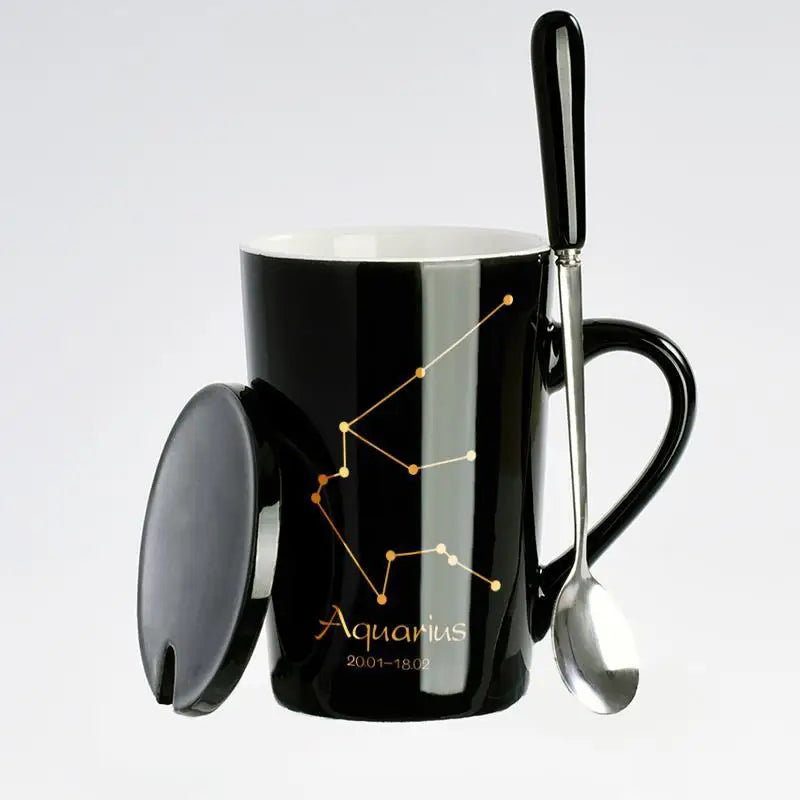 Black & Gold Zodiac Mug Set with Lid & Spoon – 12 Astrology Signs Luxury Coffee Cup Gift