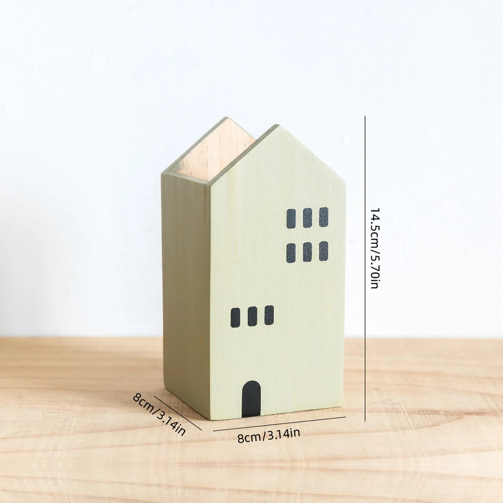 Cartoon House Wooden Pen Holder Pencil container Makeup Brush Stationery storage box Student/ Office Desktop Storage Organiser