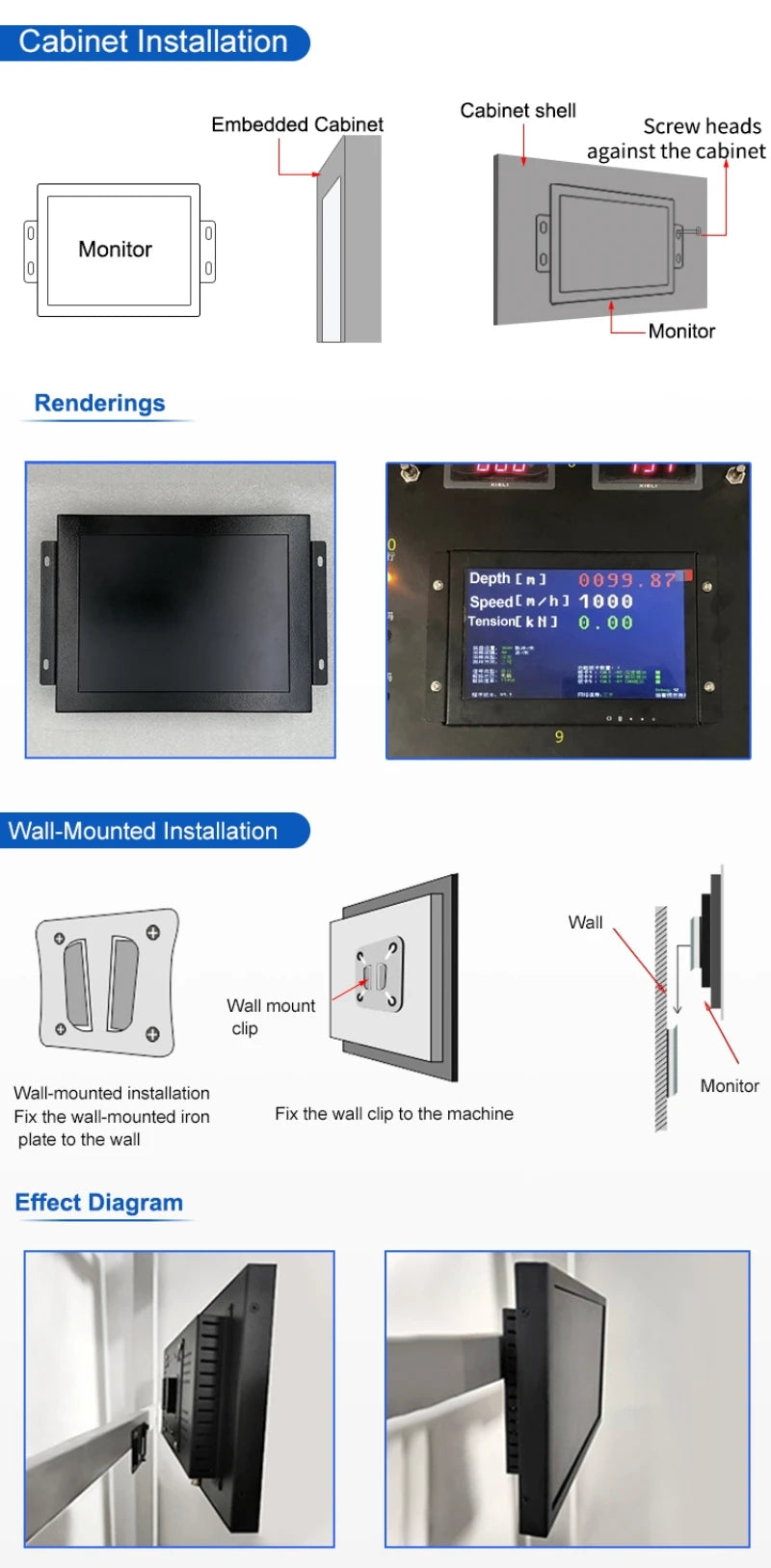 15.6" Industrial Open Frame Touchscreen Monitor – 1080P Capacitive 10-Point Touch, VESA Wall Mount, HDMI & VGA