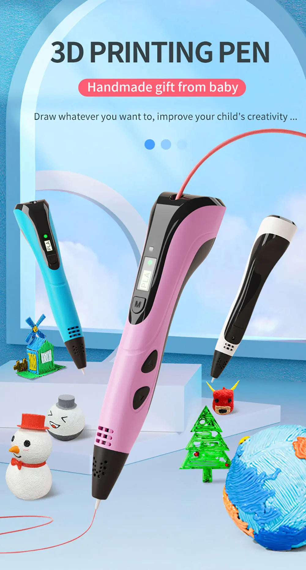 Kids 3D Pen with LCD Screen – 200M PLA Filament, Power Adapter & Travel Case