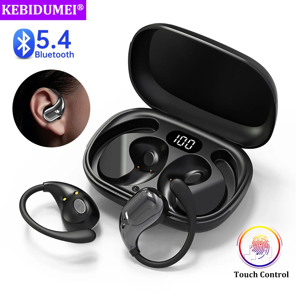 Bluetooth 5.4 Ear Hook Earbuds – LED Display, Waterproof, Touch Control, HiFi Sound
