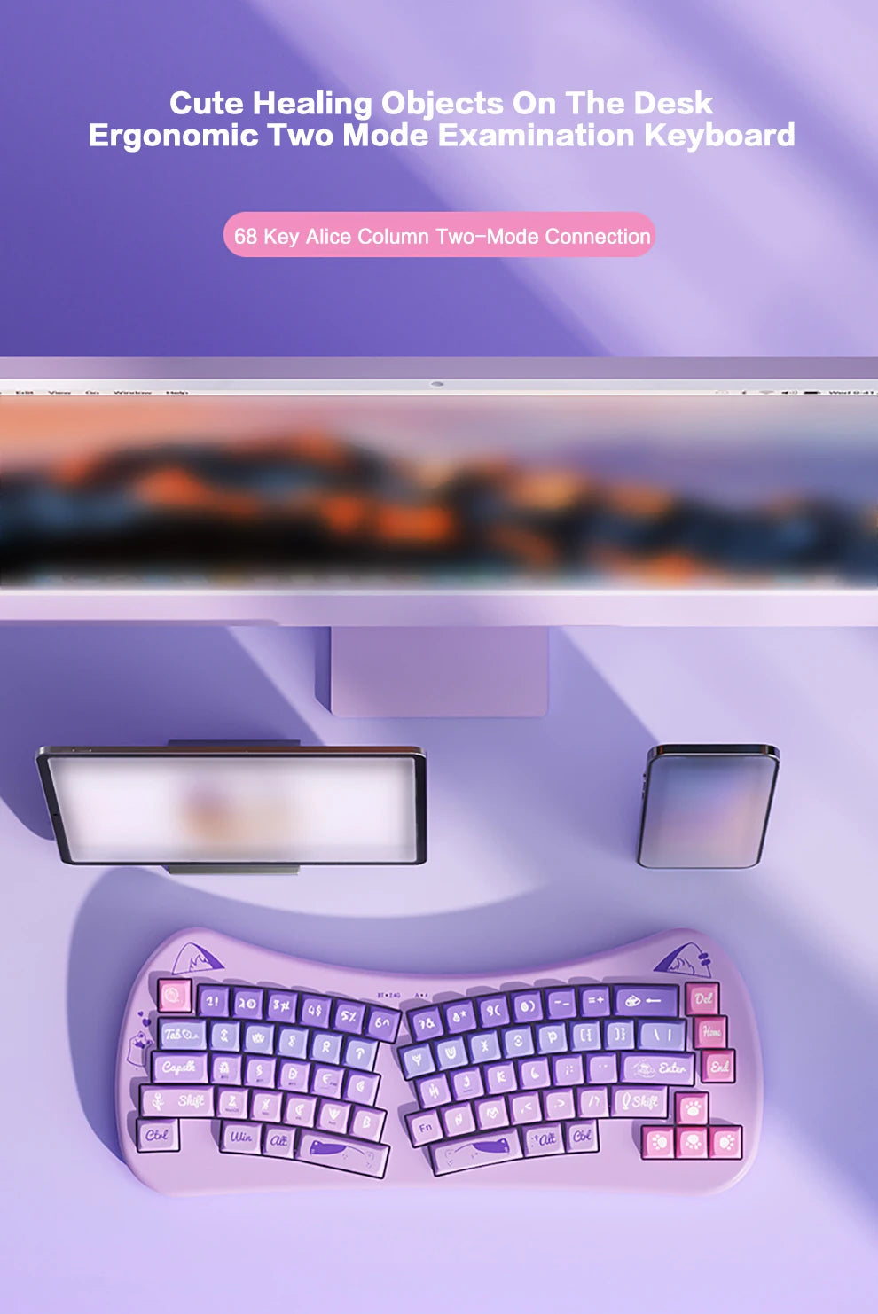 PurrBoard 68 – Ergonomic Split Wireless Keyboard | Bluetooth + 2.4G + Cat Keycaps