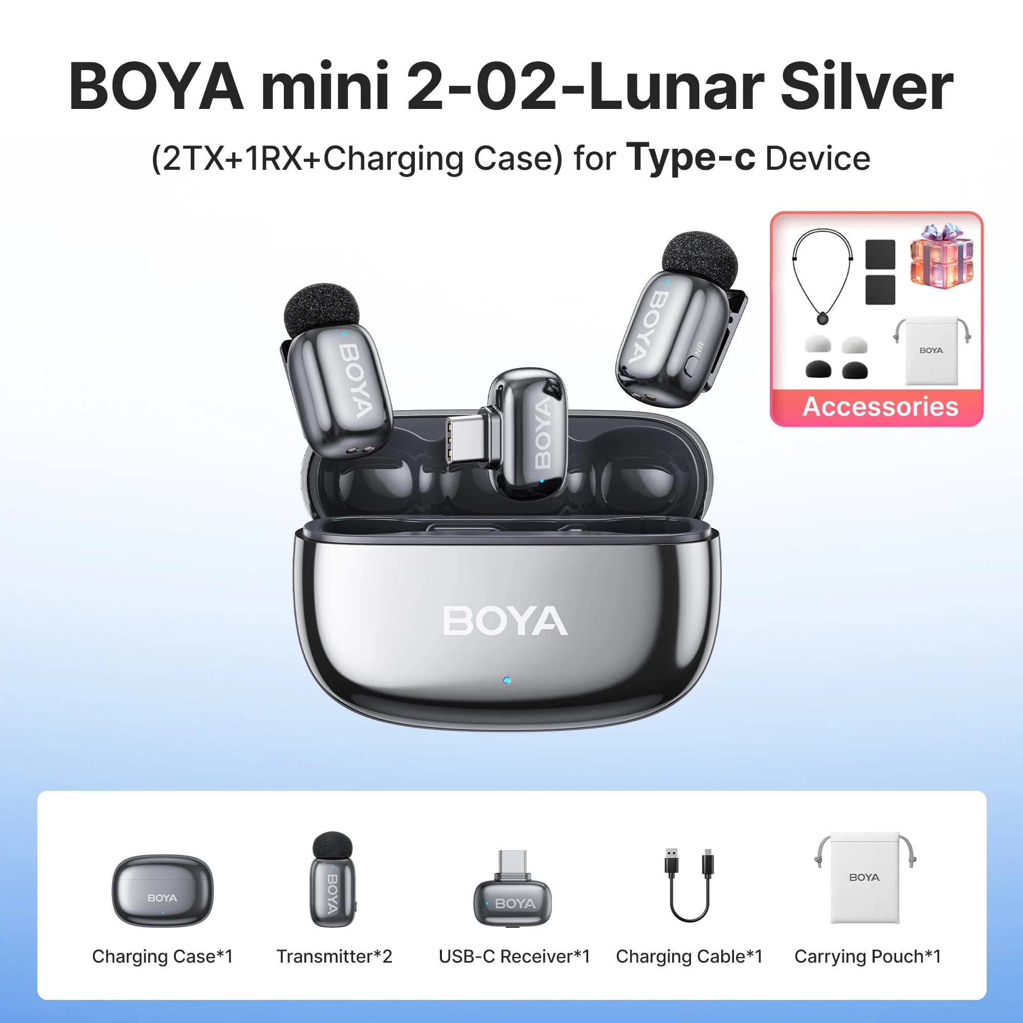 BOYA Mini 2 Wireless Lavalier Microphone – AI Noise Reduction for iPhone & Android