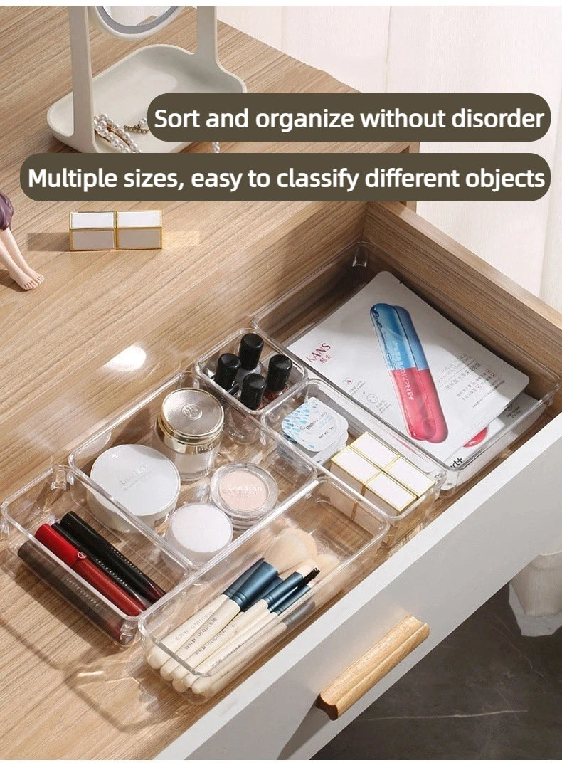 Versatile Drawer Organizer Set - Clear Plastic Trays and Dividers in 5 Sizes for Perfect Makeup and Kitchen Storage