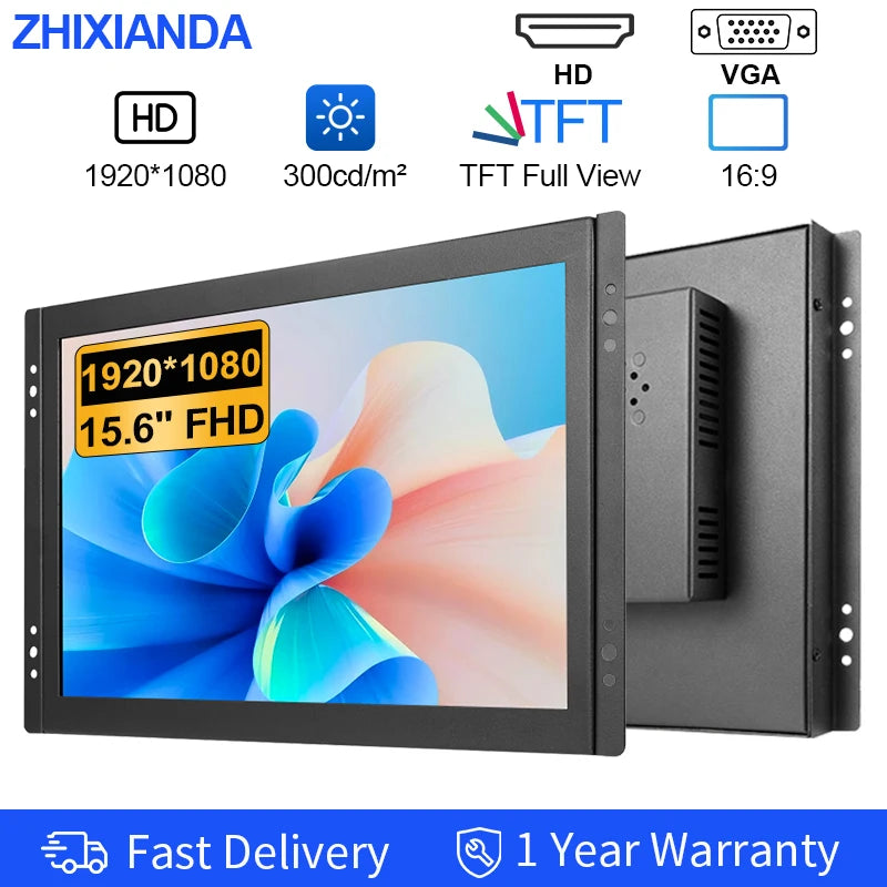 15.6" Industrial Open Frame Touchscreen Monitor – 1080P Capacitive 10-Point Touch, VESA Wall Mount, HDMI & VGA