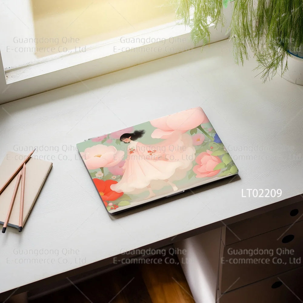 2pcs Creative Botanical Laptop Stickers Hand-Drawn Floral Line Art in Bright Colors, Waterproof Vinyl Decal for Notebook Covers