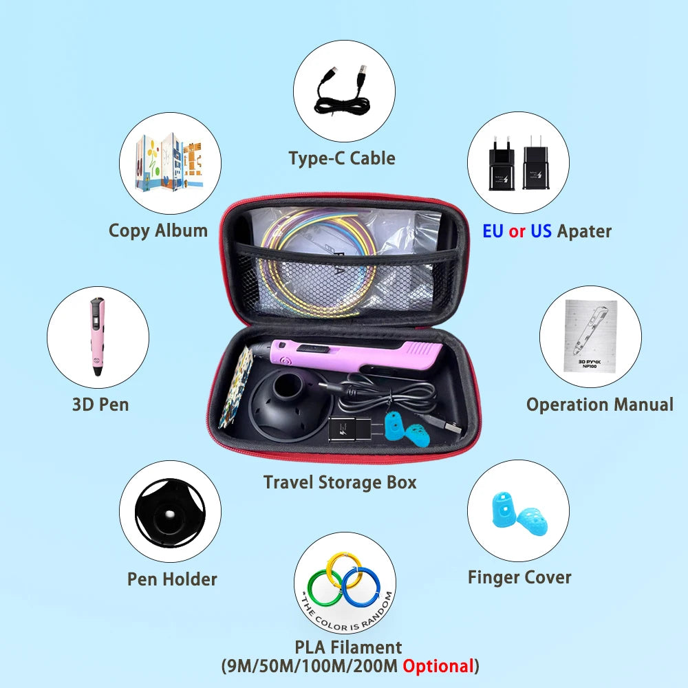 GlowPen Kids 3D Pen – PLA Filament, Power Adapter & Travel Case, Birthday Gift