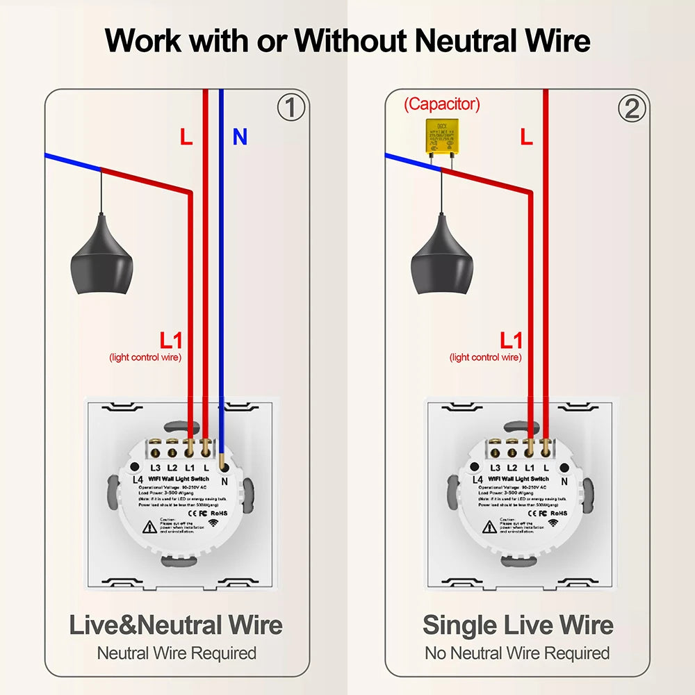 BONDA Smart Switch Alexa RF433 No Neutral Tuya Control Works With Google 1/2/3 Gang Smart Life Home Light WiFi Touch Switches 86