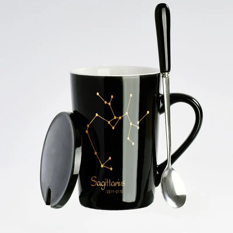Black & Gold Zodiac Mug Set with Lid & Spoon – 12 Astrology Signs Luxury Coffee Cup Gift