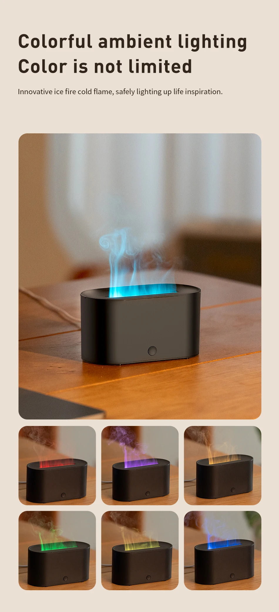 FlameGlow Mini Aroma Diffuser – Colourful Flame Effect Humidifier & Essential Oil Diffuser