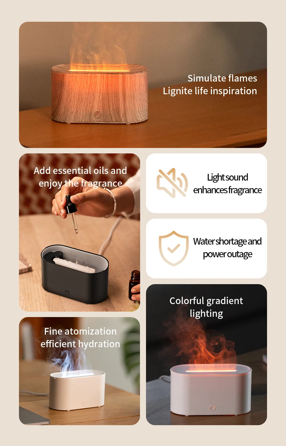 FlameGlow Mini Aroma Diffuser – Colourful Flame Effect Humidifier & Essential Oil Diffuser