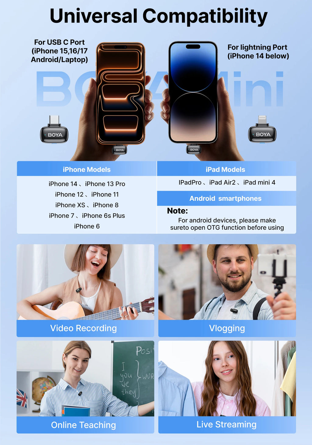 BOYA Mini 2 Wireless Lavalier Microphone – AI Noise Reduction for iPhone & Android