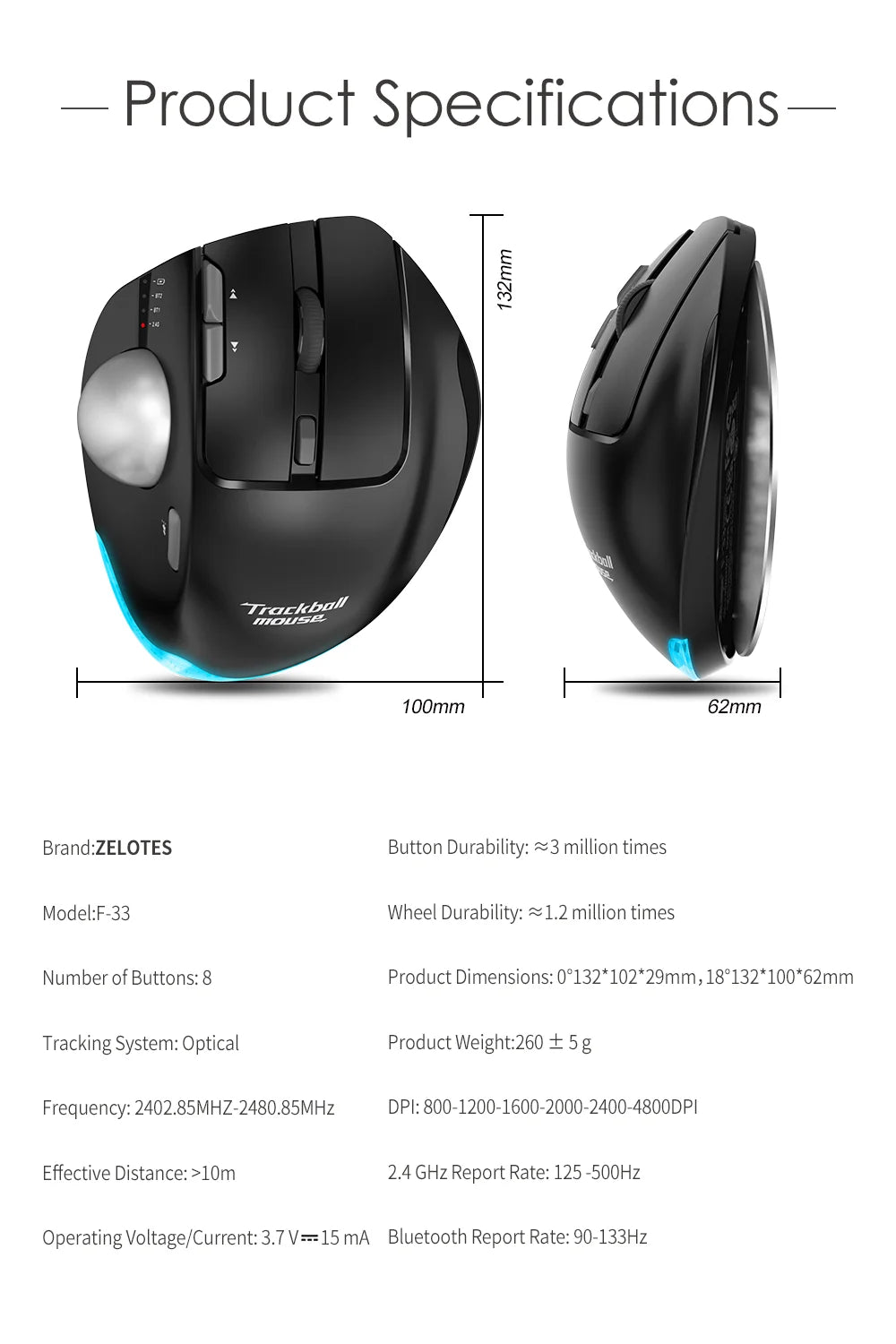 Lefon Trackball Mouse – Bluetooth Ergonomic 2.4G Wireless Rechargeable for PC & Office